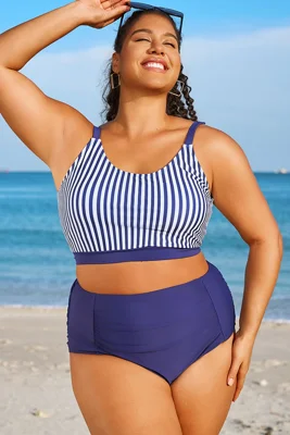 Plus Size Blue & White Striped Bikini Top
