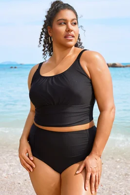 Plus Size Solid Black Crop Bikini Top