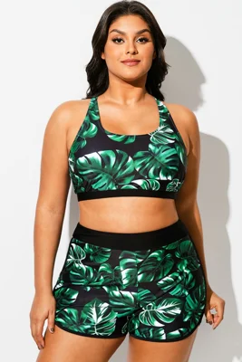Green Leaf Print Round Neck...
