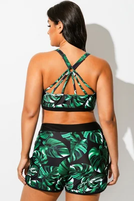 Green Leaf Print Round Neck...