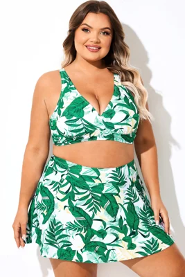 Green Leaf Print V-Neck Crossback Bikini Top