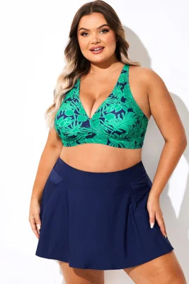 Green Print V-Neck Crossback Bikini Top