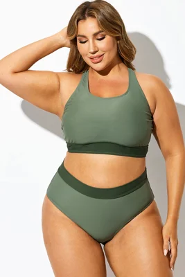Green Colorblock Square Neck Bikini Top