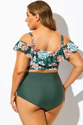 Green Floral Ruffled Women...