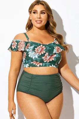 Green Floral Ruffled Women Bikini Top