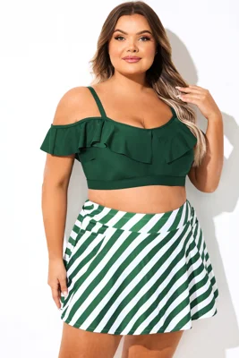 Solid Green V-Neck Off Shoulder Bikini Top