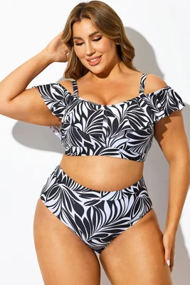 Off Shoulder Black & White Floral Ruffle Bikini Top