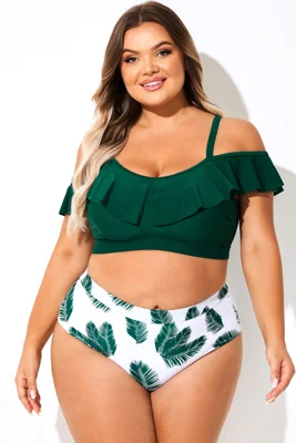 Off Shoulder Dark Green Ruffle Bikini Top