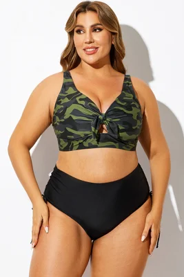 Green Camo Print Knot Ruched Bikini Top