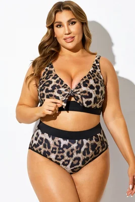 Leopard Print Knot V-Neck Bikini Top