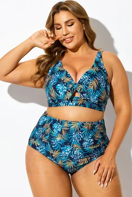 Blue Floral Print Knot Ruched Bikini Top