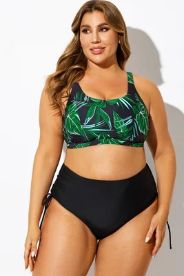 Green Plant Print V-Neck...