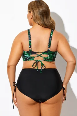 Green Plant Print V-Neck...