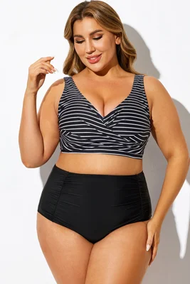 Plus Size Striped V-Neck Tie Back Bikini Top