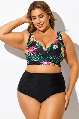 Black Floral Print Tie Back Bikini Top