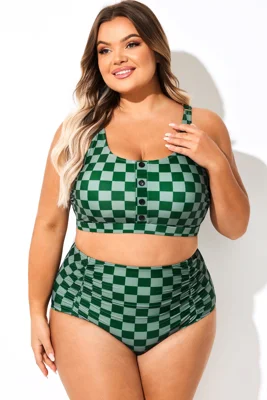 Scoop Neck Green Check Women Bikini Top