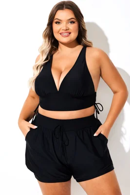 Solid Black Drawstring Ruched Crossback Bikini Top