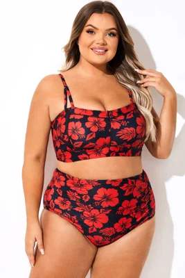 Adjustable Straps Red Floral Print Bikini Top