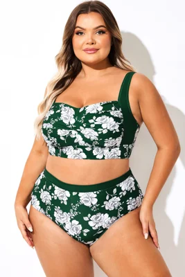 Green Floral Print Twist Front Bikini Top
