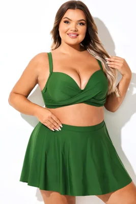 Plus Size Solid Green V-Neck Bikini Top