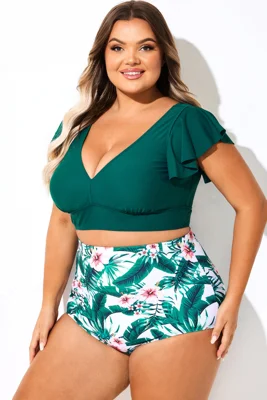 Dark Green Ruffle Trim Wireless Bikini Top