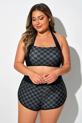 Black Check Straight Neck...