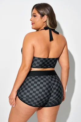 Black Check Straight Neck...