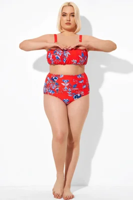 Red Flower Printed Shirred...