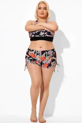 Drawstring Side Flower Printed  Swim Shorts