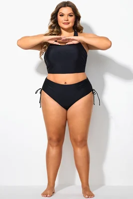 Black Drawstring Side High Waisted Bikini Bottom