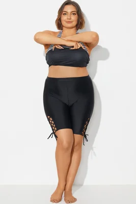 Lace Up Side Black Mid Waist Swim Shorts