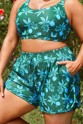 Green Passionfruit Print Mid Waist Women Shorts