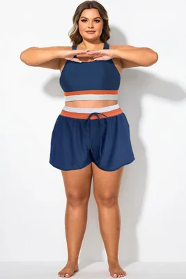 Plus Size Blue Colorblock Women Shorts