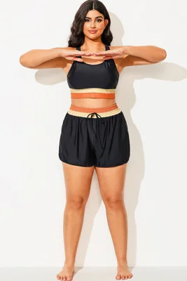 Plus Size Black Colorblock Mid Waist Women Shorts