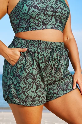 Green Ikat Print Mid Waist...