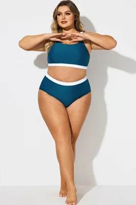 Blue & White Colorblock High Waist Bikini Bottom