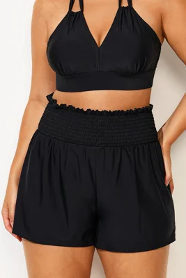 Solid Color Ruffle Trim Decoration Elastic Waist Shorts