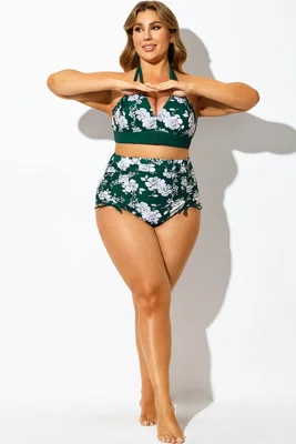 Green Floral Print Drawstring Ruched Bikini Bottom