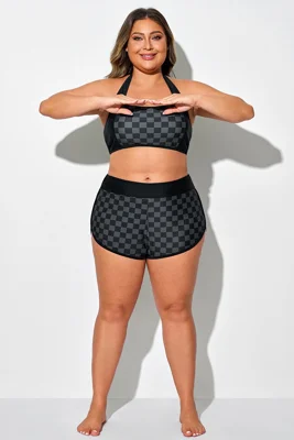 Black Check High Waist Swim...