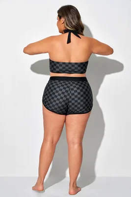Black Check High Waist Swim...