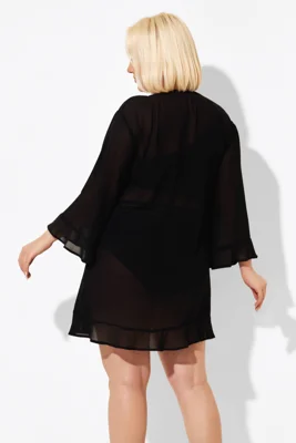 Black Ruffle Hem V-neck...