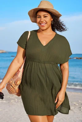 Dark Green V Neck Elastic...