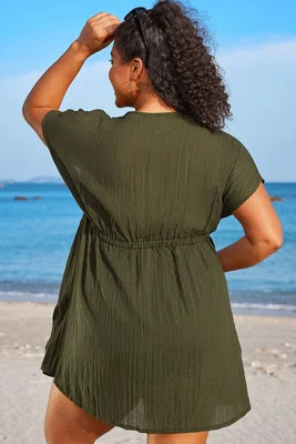 Dark Green V Neck Elastic...