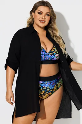 Black Button Front Swim...