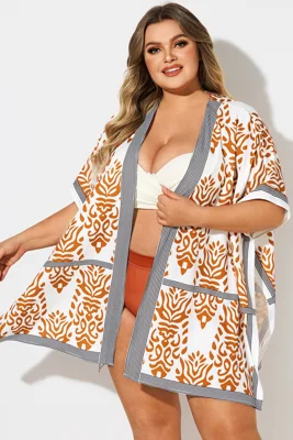Loose Orange Print Batwing Sleeve Cover Up