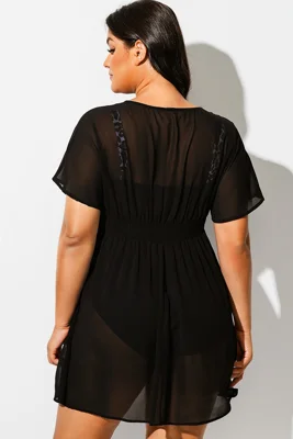 Black Mesh Smocked Waist...