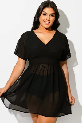 Black Mesh Smocked Waist...