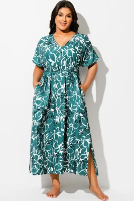 Green V-Neck Sleeves Maxi...