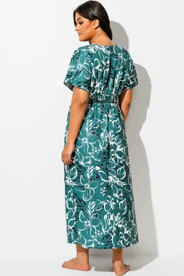 Green V-Neck Sleeves Maxi...