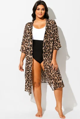 Plus Size Leopard Print Kimono Cover Up